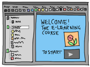 Cartoon of eLearning course on a computer screen.